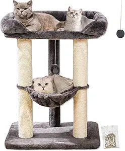Happi N Pets 28" Cat Tree, Large Bed for Big Cats, Small Cat Tower with Soft Perch for Window Viewing, Stable Cat Tree Tower, Cat Scratching Post with Hammock, Removable Cover-Gray