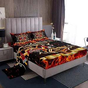 Castle Fairy Firefighter Theme Bed Sheet Set Kids Burning Flame Sheets Set 4pc Fireman Sign Microfiber Soft Bedding Set,1 Flat Sheet,1 Deep Pocket Fitted Sheet,2 Pillow Cases���King Size���
