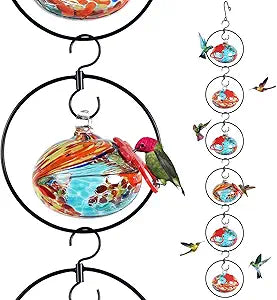 Headak Life Flexible 6-Circular Hummingbird feeders for Outdoors Hanging Ant and Bee Proof,Hand Blown Glass Hummingbird Feeder with 6 Adjustable Silicone Perch(Blue)