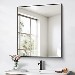 BONEWEI Bathroom Mirror,30x36 inch Wall Mirror for Bathroom Wall Mounted Black Rectangle Square Corner Mirrors, Black Bathroom Mirror for Living Room, Farmhouse, Bedroom Entryway, Horizontal/Vertical