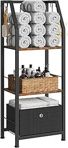 CHOEZON 3-Tier Towel Rack Freestanding, Towel Rack with a Fabric Drawer, 2 M-Shaped Metal Dividers and 4 Hooks, Bathroom Towel Storage Shelf, Towel Storage for Bathroom, Rustic Brown and Black TCJ29BF
