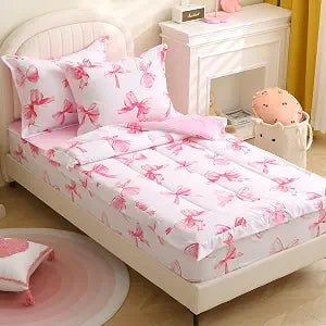 Girls Zipper Bedding Set Twin Zipit Bedding Pink Bow for Kids Zip Up Comforter Set Cute Bowknot Zip It Bed Set for Children Bedroom Decor