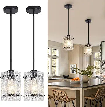Black Glass Pendant Lights Kitchen Island, Water Ripple Round Pendant Lights Adjustable Modern Hanging Pendant Light Fixtures for Kitchen Island Dining Room Above Sink Foyer Entryway 2 Pack