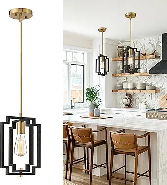 Emliviar Industrial Pendant Light, 1-Light Kitchen Hanging Light Fixture Adjustable, Black and Gold Finish, JE1981M1L BK+G