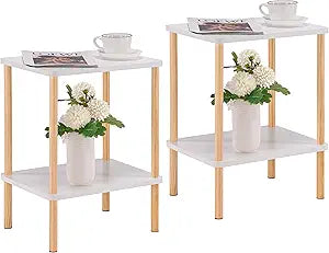 Apicizon 2 Tier End Table Set of 2, Small Side Table with Solid Wood Legs, Boho Bedside Table with Storage Shelf, Nightstand for Small Spaces, Bedroom, Living Room, Entryway, White+Natural