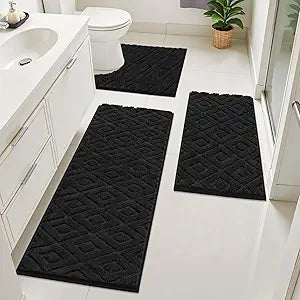 Bsmathom Bathroom Rugs Sets 3 Piece, Microfiber Shaggy Bath Mat Set, Ultra Soft Non-Slip Bath Rugs with U-Shaped Contour Toilet Mat for Bathroom, Tub, Shower Washable Carpets Set, Black