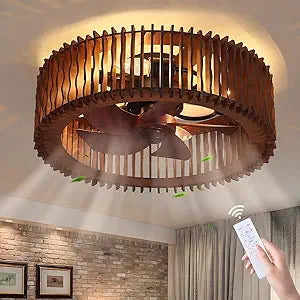 20 Inch Dark Brown Wooden Low Profile Ceiling Fan with Light and Remote, Wood Ceiling Fan, Farmhouse Caged Ceiling Fan with 6-Speed Reversible Motor for Bedroom, Living Room, Kitchen