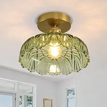 Semi Flush Mount Ceiling Light Mid Century Modern Floral Green Glass Shade, Close to Ceiling Lighting Fixtures for Bedroom, Bathroom, Kitchen, Closet Laundry Room, Foyer and Hallway 9.45 in