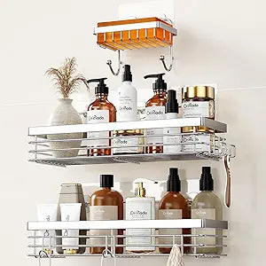 Orimade Adhesive Shower Caddy Soap Dish Holder Shelf with 5 Hooks Bathroom Organizer Basket Kitchen Storage Rack Wall Mounted No Drilling Stainless Steel - 3 Pack,Silver