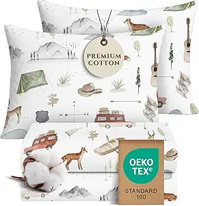 Pobibaby Premium Twin Full Sheets Sets, Kids Double Bed Sheets in Cotton Blend | Ultra-Soft Woodland Camping Print with Fitted Sheet, Flat Sheet & Pillowcases (Full Explore)