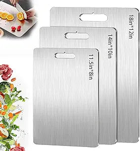 Stainless Steel Cutting Boards for Kitchen, 2026 New Upgrade Titanium Cutting Boards Set of 3, Double Sided Non Stick Metal Chopping Board for Cutting Meat Vegetable Fruit, Easy to Clean