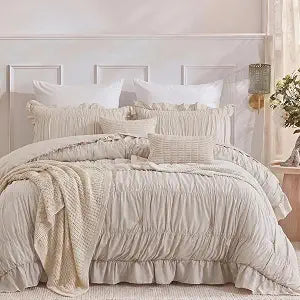 Herside Beige Ruffle Ruched Duvet Cover Set Queen Size,Boho Romance Ruched Bedding 3 Pieces Shabby Chic Wrinkle Ruffle Comforter Cover Set,Breathable and Soft Microfiber Quilt Cover Set