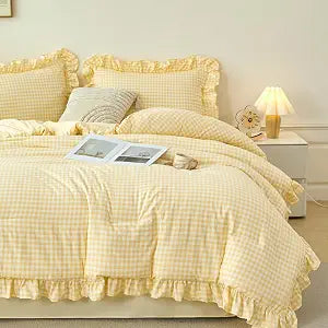 RYNGHIPY Checkered Comforter Set Full Size 5 Pcs Gingham Ruffle Bed in a Bag Farmhouse Vintage Yellow Grid Bedding Set Soft Lightweight Bed Set with Sheets (Yellow Gingham, Full)