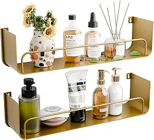 16 Inch Gold Floating Shelves Set of 2, Narrow Iron Bathroom Shelves with Guardrail, U-Shaped Wall Mounted Shelf for Home Decor & Organizer, Display Shelf for Bathroom,Kitchen,Bedroom&Any Room