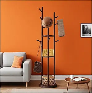 Wooden Freestanding Coat Rack with 9 Hooks&3 Rotating Storage Trays,Free Standing Coat Rack Tree with Rotatable Design,Coat Tree Freestanding for Hanging Clothes,Clothing Rack for Entryway Bedroom