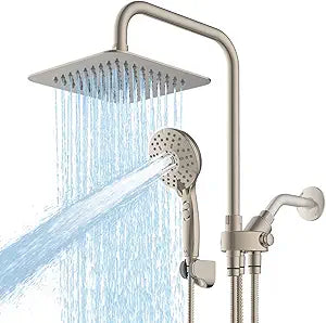 Ryamen 8" Dual Shower Head Combo, High Pressure Rainfall Shower Head with Handheld, 6 Spray Settings Angle Adjustable Handheld Shower Head with Pause, Height Adjustable, Brushed Nickel