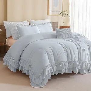 Masaca Ruffle Comforter Full Size,3 Pieces Farmhouse Shabby Boho Chic Full Bedding Set,Vintage Ruffled Rustic Light Blue Bedding Comforter Set for All Season