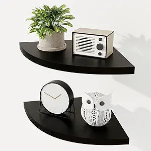 Fun Memories Corner Shelf Wall Mount Set of 2 - Solid Oak Wood Floating Corner Shelf with Cable Hole, 10in Rustic Design for Bedroom, Living Room, Kitchen (Black)
