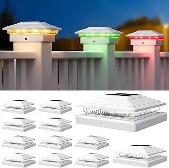 APONUO Solar Post Cap Lights Color Changing - RGB 8 Solid & Gradient Colors, IP65 Waterproof, for 4x4 5x5 6x6 Wood Vinyl Fences, Deck, Patio, Yard, White, 12 Pack