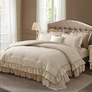 Full Size Comforter Set Beige, Lightweight Fluffy Farmhouse Ruffle Bedding Set, Soft Microfiber All Season Shabby Chic Bed Set 3 Pieces(1 Ruffle Comforter 2 Pillowcases)