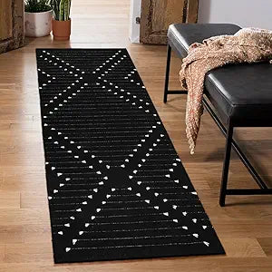 LIVEBOX Black Runner 2'x6' Boho Washable Rug for Hallway, Moroccan Woven Entryway Throw Area Rug Indoor Cotton Mat for Kitchen Laundry Room Bathroom Entry