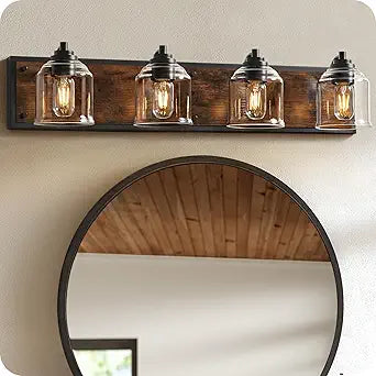 4-Light Bathroom Fixture, 31.5" Large Farmhouse Vanity Light, E26 Base (Bulbs Not Included), Thickened Glass Shade, for Bathroom, Bedroom, Vanity, Hallway, Rustic Brown and Black F18BD05