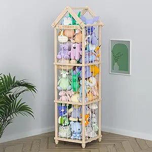 Stuffed Animal Storage Zoo, 65" Extra Large Wooden Plush Toy Organizer, Solid Pine Toy Holder with 3D Sign & Sturdy Base, Vertical Corner Stuffed Animal Cage for Nursery Playroom