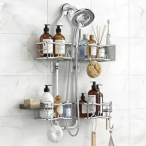 Shower Caddy Hanging Organizer, Rustproof Shower Organizer Hanging for Handheld Showerhead with Hooks for Razor/Sponge, Bathroom Caddy Rack Shower Shelves for Shampoo Soap Towels, Silver