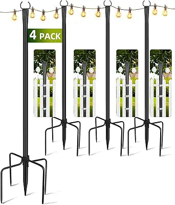 String Light Poles for Outside 4 Pack, 10ft Metal Outdoor String Light Poles for Deck - Ideal for Patio, Garden, Yard, Front Porch Decorations, Black