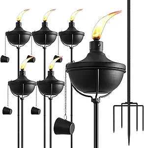ZSPENG Home Garden Metal Torch Set of 6, Outdoor Citronella Torches with 5-Prong Grounded Stake, 56-Inch Adjustable Height, 23.5 oz Capacity for Patio, Pathway, Party (Ultra-Stable Design, Black)