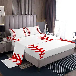 Feelyou Baseball Twin Size Bed Sheet for Kids Boys Teens Orange Baseball Printed Sheet Set Sports Bedding Set