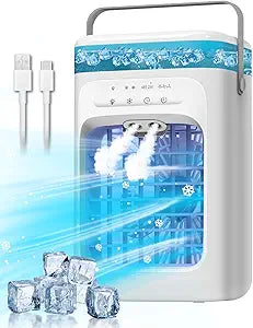 Portable Air Conditioner, 4-in-1 Evaporative Air Cooler, Personal Cooling Fan with 3 Speeds, 2 Mist Modes, 7 LED Night Light, 2-4H Timer, Quiet Mini Air Cooler for Bedroom Office Camping (White)