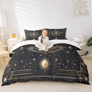 Sun and Moon Kids Duvet Cover Set King Size,Starry Sky Galaxy Planet Trippy Bedding Set,Girls Boys Adults Room Decor,Geometric Boho Exotic Comforter Cover,Black Mystical Quilt Cover,2 Pillowcases
