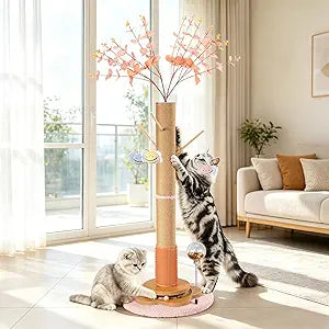 45" Tall Cat Scratching Post with Grooming Brush, Track Ball, Spring Feeder & 3 Bee Toys, Sisal Rope Large Cat Scratcher Tree with Leaves for Indoor Cats, Pink
