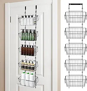 Over The Door Organizer  5 Removable Hanging Baskets, Back of Door Storage for Bathroom, Kitchen, Pantry & Garage, No Tools Needed, 3 Installation Methods (Wall/Door Mount) Black
