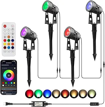 Smart Landscape Lighting,Bluetooth App Controll Spotlight,24V Low-Voltage Landscape Lighting,Garden Spotlights Outdoor (IP65 Waterproof), Music Sync, Timer Function, Color Memory