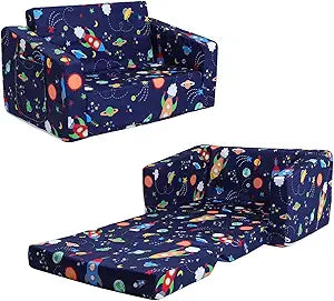 decalsweet Kids Couch Convertible Sofa to Lounger for Toddler Boy, Foldable 2-in-1 Kids Sofa Bed, Toddler Chairs Comfy for Bedroom Playroom, Blue Rocket
