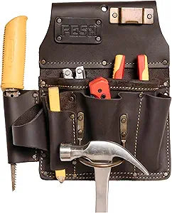 FESA Leather Drywaller's Tool Pouch - 10-in-1 Heavy Top Grain Leather With Steel Hammer Loop & Tape Measure Clip - Fits Belts up to 3" - Handcrafted