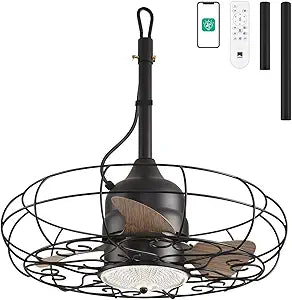 Orison Outdoor Ceiling Fans with Light, 21'' Wet Rated Outdoor Hanging Fan for Gazebo, Plug in Caged Lighting for Pergola Canopy, Hanging with Hook, 3 Color LED Light, Waterproof