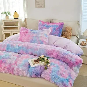 SUCSES Faux Fur Duvet Cover Sets for Girls Twin Blue Purple Comforter Cover Set Plush Shaggy Soft Bubble Velvet Bedding Set with 2 Pillowcases for Kids Adult Bedroom Decor(Tie Dye Purple, Twin)