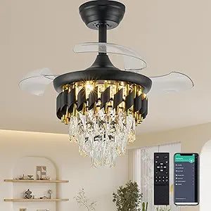 30 Inch Retractable Blade Dimmable Fandelier Ceiling Fan with Light, Crystal Chandelier Ceiling Fan with APP/Remote Control, 6-Speed, Quietness, Reversible for Bedroom, Living Room, Black