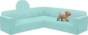 HDCAXKJ Sectional Couch Cover L Shape Stretch Sofa Covers Washable Jacquard Corner Couch Slipcover Non Slip Sectional Slip Cover U Shaped Furniture Protector for Pets Dogs (Cyan, X-Large)