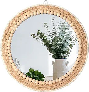 Boho Round Hanging Rattan Circle Nursery Mirror, Decorative Wall Decor for Farmhouse Bathroom Bedroom Living Room, Kids Girls Room, Foyer Home Wall Decor (15 inch)