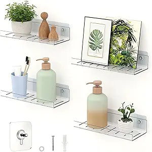 LAZYROSY 4 Pack Floating Shelves  Clear Acrylic/PET Wall-Mounted No Drill Storage with Adhesive, Invisible Bathroom & Bedroom Shelving for Kitchen, Living Room, Transparent Decor