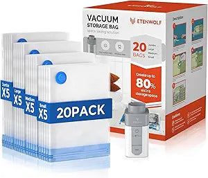 ETENWOLF Vacuum Storage Bags for Travel with Rechargeable Wireless Pump, Vacuum Seal Bags for Clothes and Travel, Space Saver Bags in Carry-On Sizes, Perfect for Luggage and Suitcases, 20 Combo