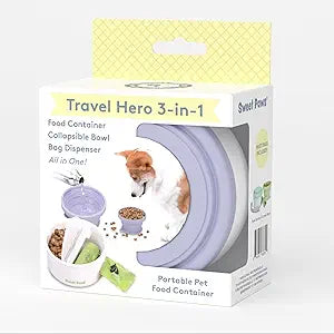 Travel Hero 3-in-1 Portable Pet Food Container for Puppies and Small Breeds, Comes with a Silicone Water Bowl and Poop Bag Dispenser in One, Lavender Cream