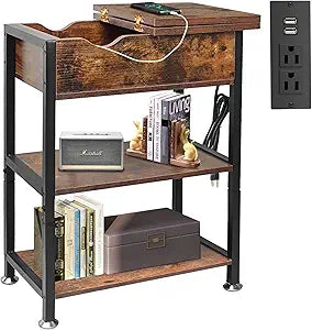 TooCust Flip Top End Table with Hidden Charging Station - 12" D21" W26" H Small Side Tables with Storage & Shelves, Compact Side Table for Small Spaces, Slim End Table with Charging Station, Brown