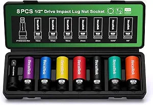 TecoTek 8PCS 1/2" Drive Lug Nut Socket Set, Metric 15 17 19 21 22 MM & SAE 13/16 7/8 in. Wheel Socket Set, Lug Nut Removal Tool, Thin Wall Lug Nut Sockets with Colored Protective Covers