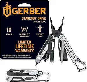 Gerber Gear Stakeout Drive - 10-in-1 Butterfly-Opening Multitool with Needlenose Pliers, Oversized Flip Bit Driver, Plain Edge Blade, Chisel, Bottle Opener, Pocket Clip & Carabiner Carry - Silver