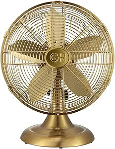 Good Housekeeping 92613 All-Metal 12" Retro Desk Office Table Fan with Wide Oscillation, 3-Speed Settings & Carrying Handle, Satin Brass